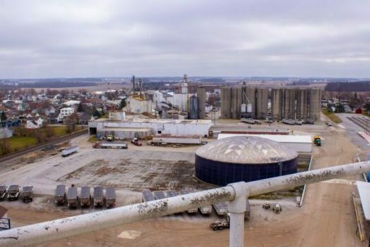 Aerial view of Sunrise grain handling facility in Botkins, Ohio where Area Energy & Electric Inc. is performing electrical installations.