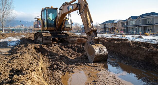 Excavator digs the foundation of a new residential complex.